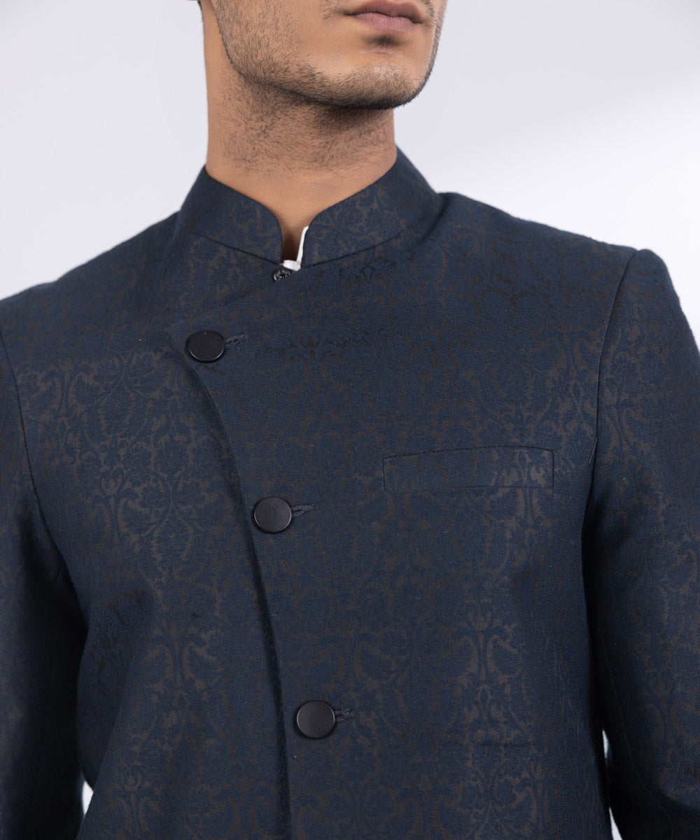 Men's Stitched Indigo Jamawar Karandi Sherwani