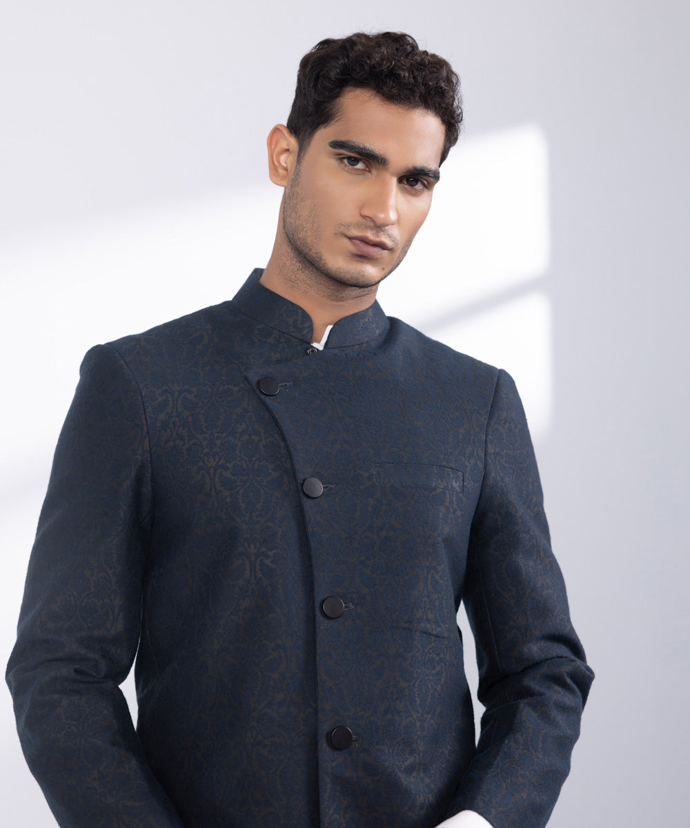 Men's Stitched Indigo Jamawar Karandi Sherwani