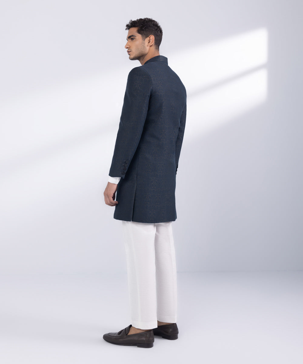 Men's Stitched Indigo Jamawar Karandi Sherwani