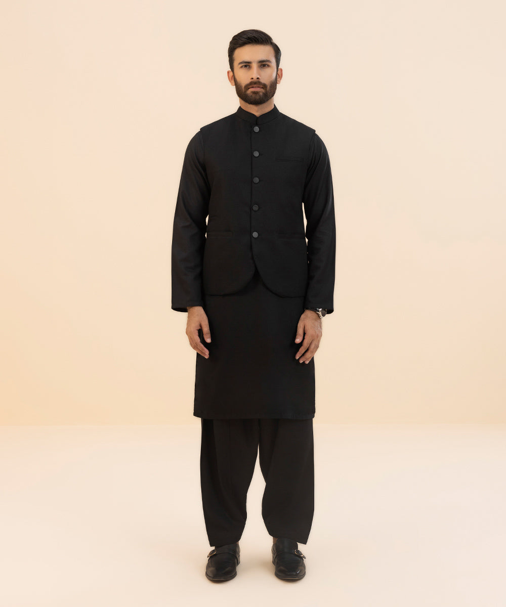 Men's Stitched Tropical Fabric Black Round Hem Waistcoat