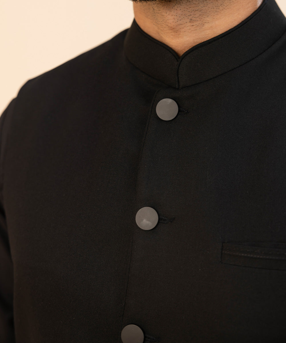 Men's Stitched Tropical Fabric Black Round Hem Waistcoat