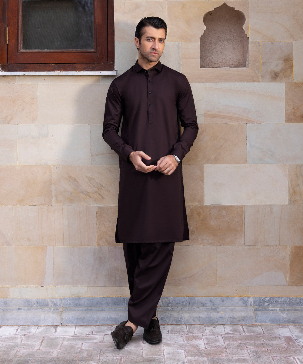 Men's Unstitched Luxury Giza Cotton Dark Maroon Full Suit Fabric