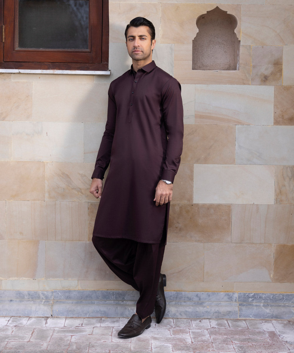Men's Unstitched Luxury Giza Cotton Dark Maroon Full Suit Fabric