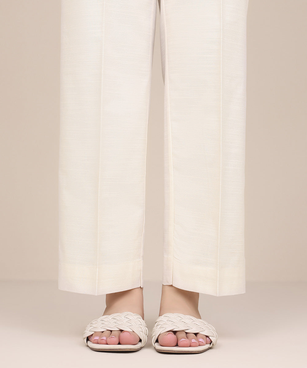 Women's Pret Khaddar Off White Solid Straight Pants