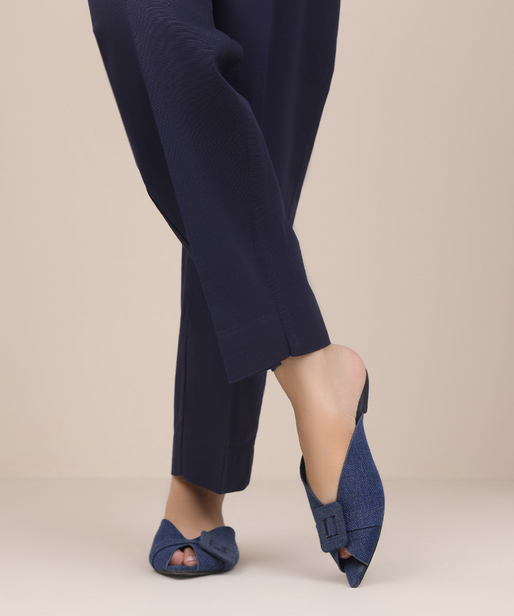 Women's Pret Khaddar Blue Solid Straight Pants