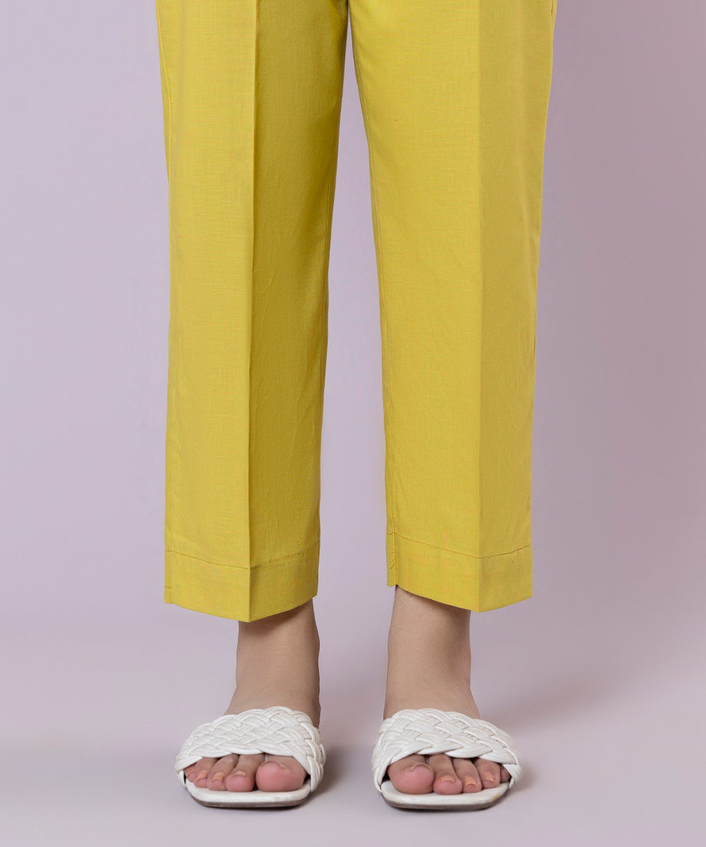 Women's Pret Textured Cotton Solid Yellow Straight Pants