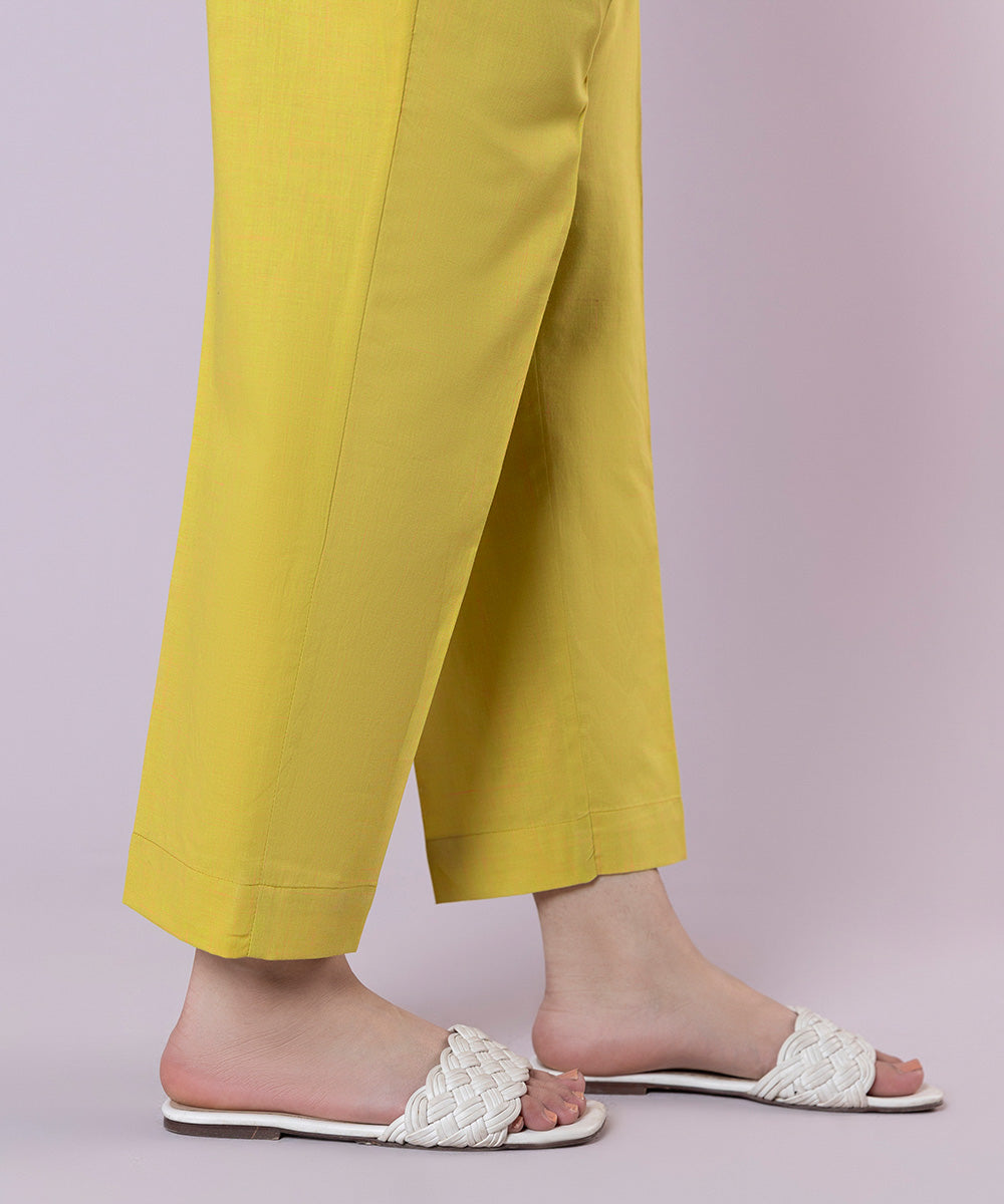 Women's Pret Textured Cotton Solid Yellow Straight Pants