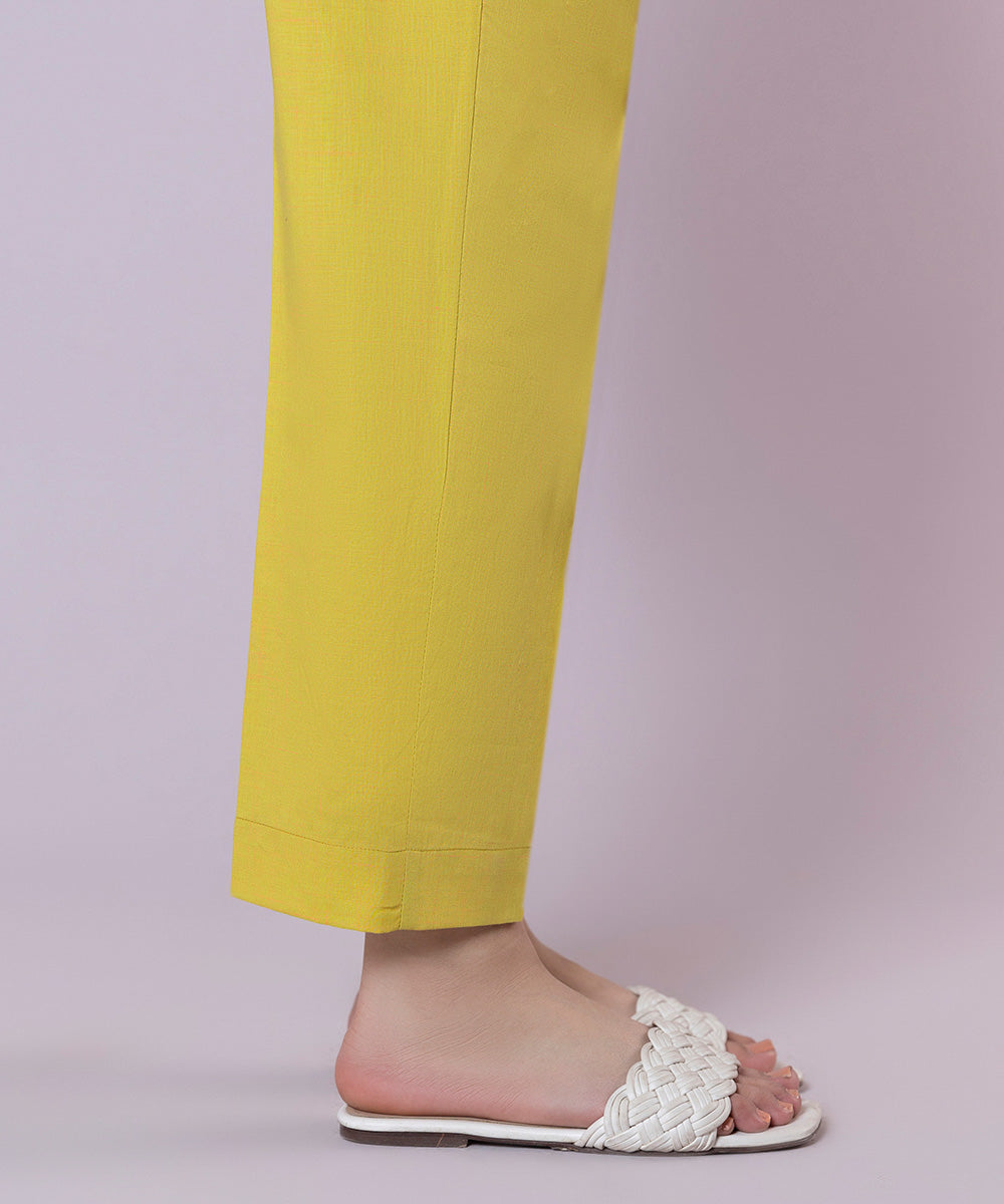 Women's Pret Textured Cotton Solid Yellow Straight Pants