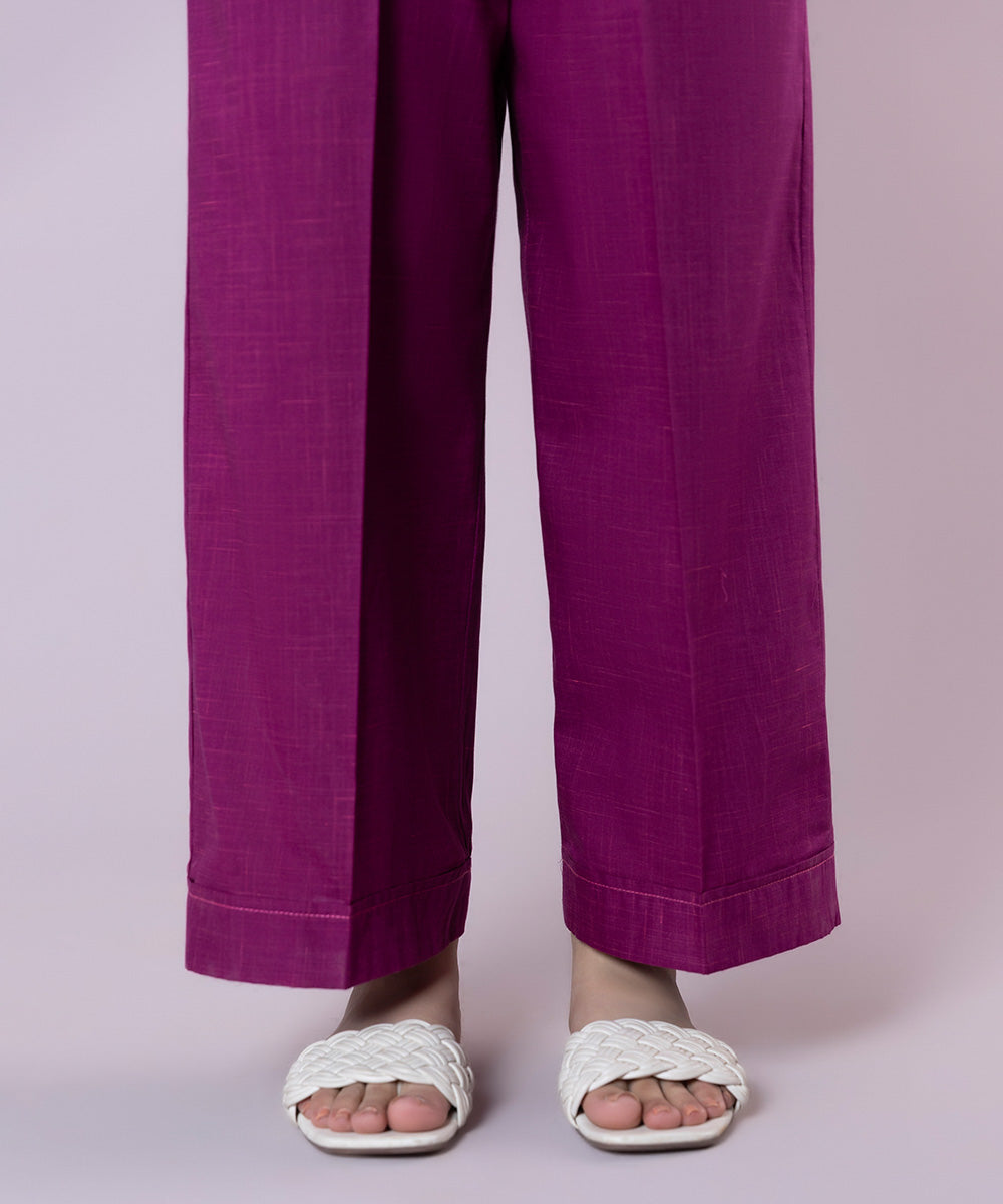 Women's Pret Textured Cotton Solid Purple Straight Pants