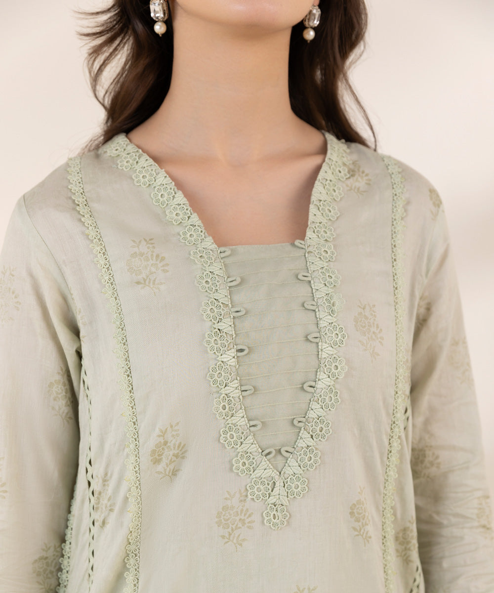 Women's Pret Cotton Jacquard Green Printed A-Line Shirt