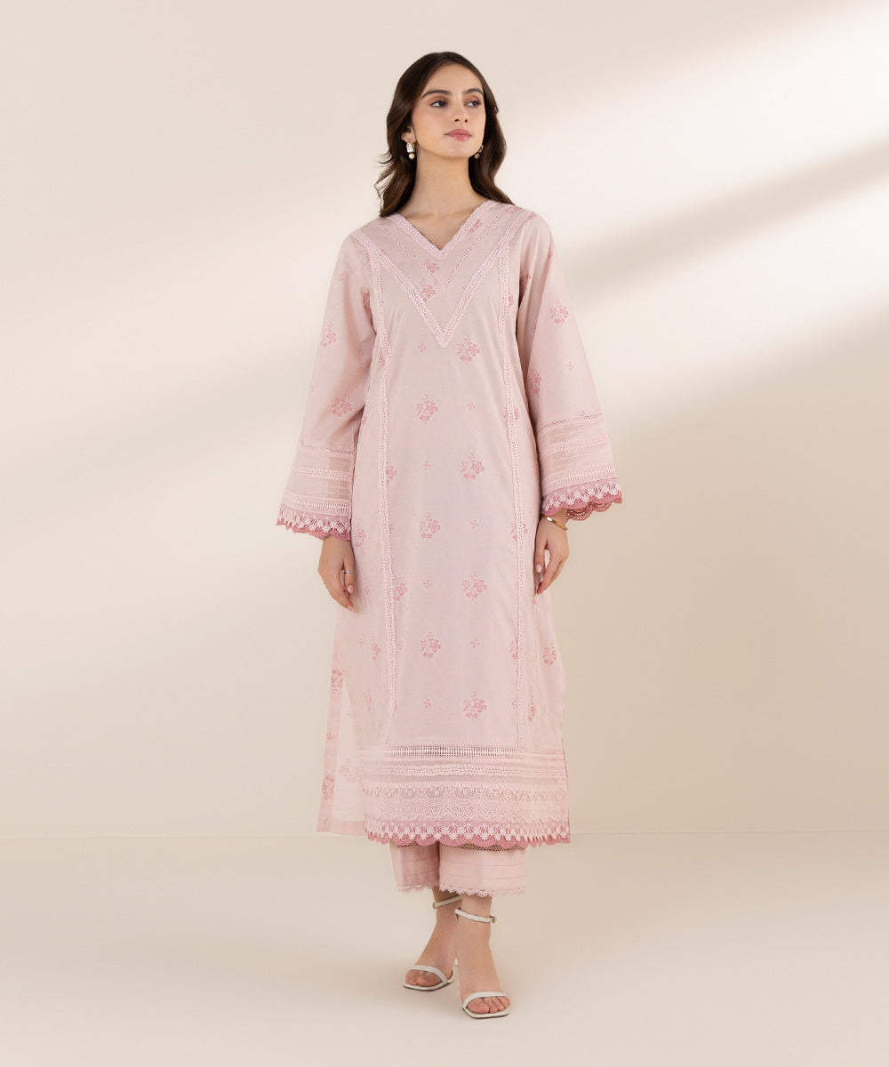 Women's Pret Cotton Jacquard Pink Printed A-Line Shirt