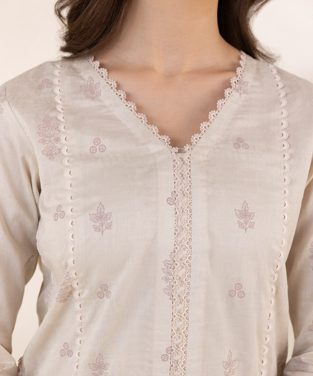 Women's Pret Cotton Jacquard Off White Printed A-Line Shirt
