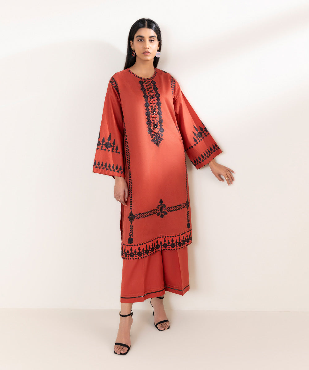 Women's Pret Lawn Printed Embroidered Red Boxy Shirt