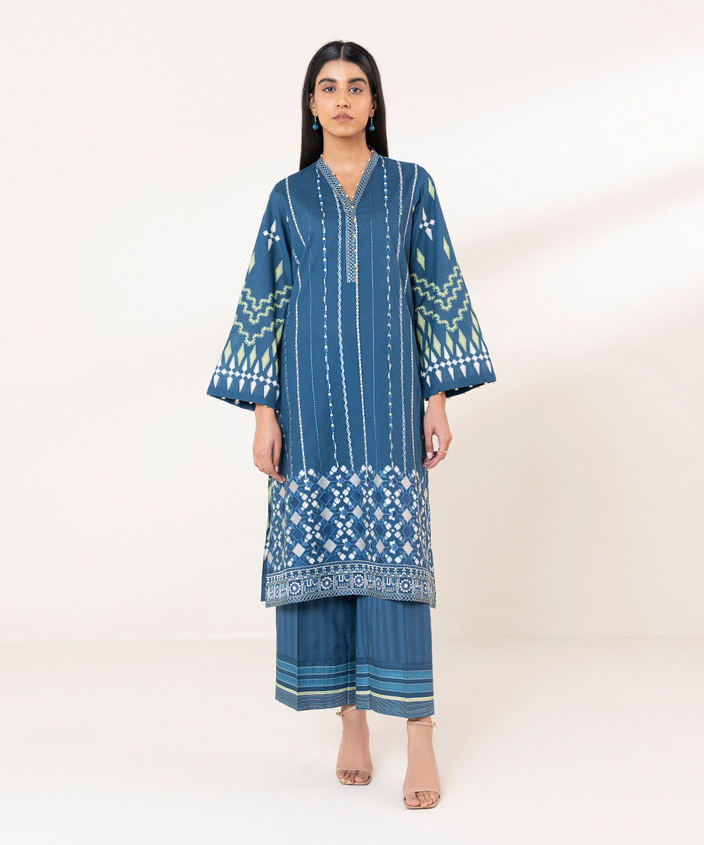 Women's Pret Lawn Printed Embroidered Blue A-Line Shirt