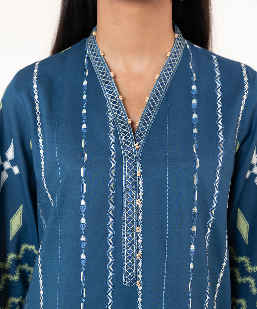 Women's Pret Lawn Printed Embroidered Blue A-Line Shirt