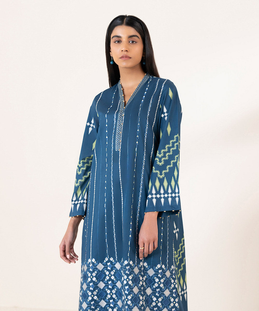 Women's Pret Lawn Printed Embroidered Blue A-Line Shirt