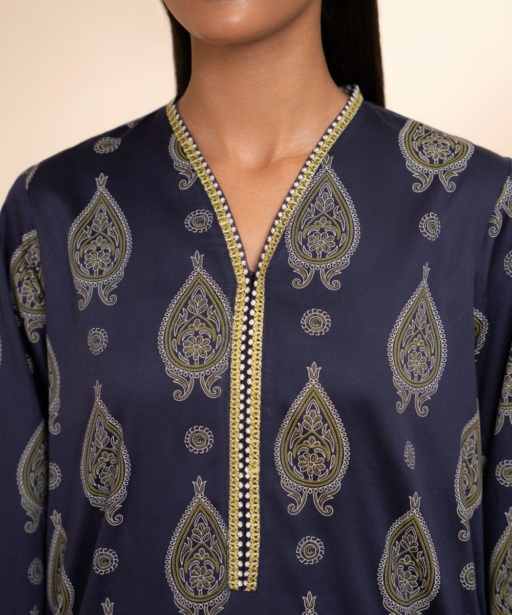 Women's Pret Luxury Satin Blue Printed Straight Shirt