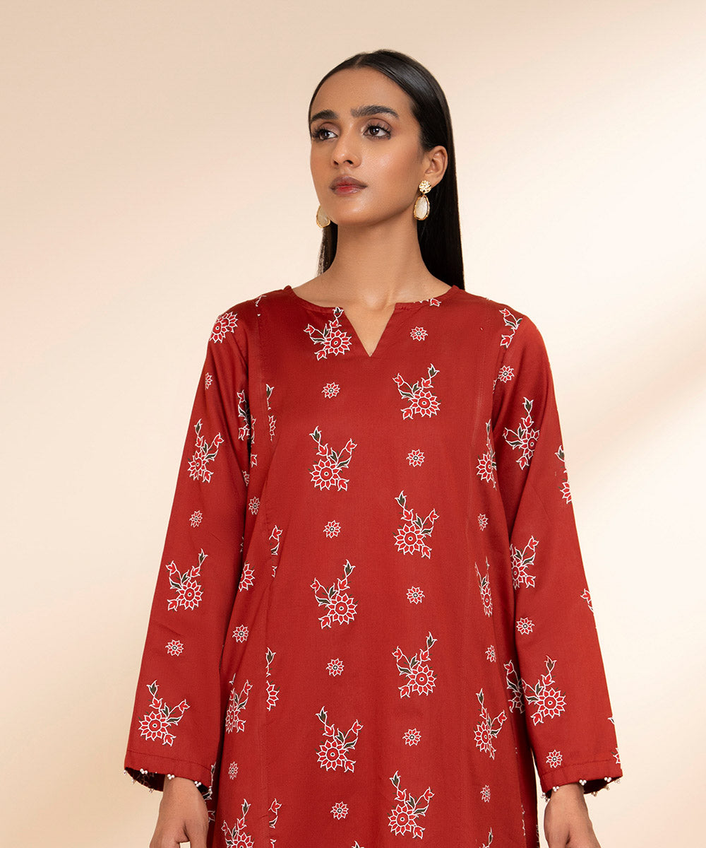 Women's Pret Luxury Satin Red Printed A-Line Shirt