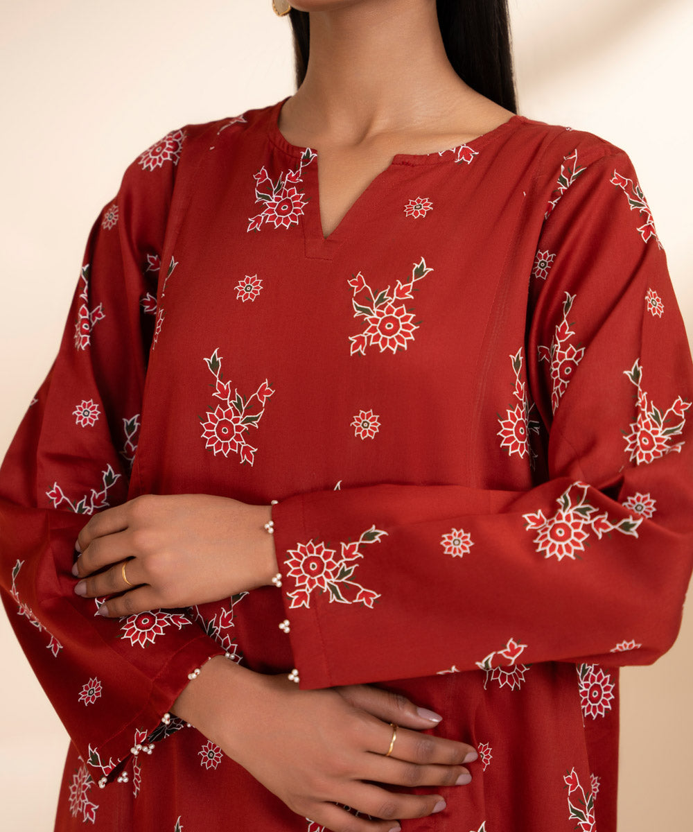 Women's Pret Luxury Satin Red Printed A-Line Shirt