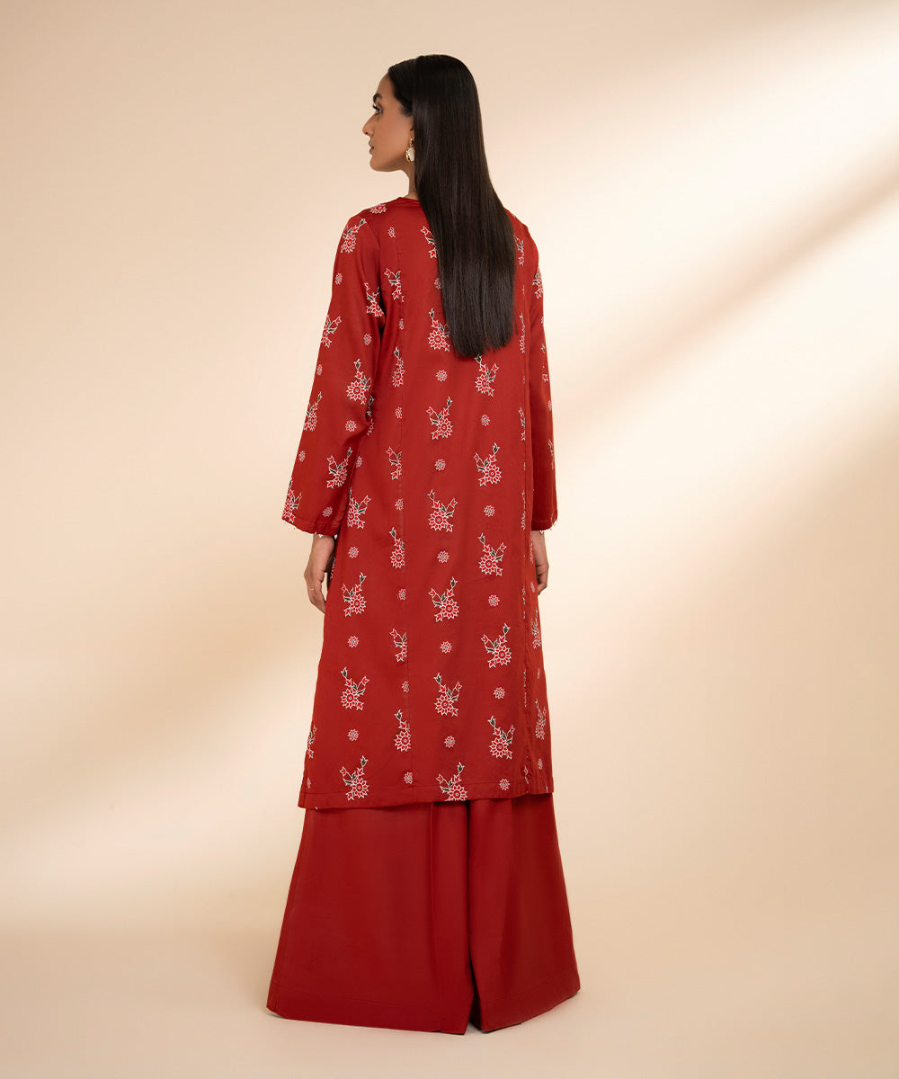 Women's Pret Luxury Satin Red Printed A-Line Shirt