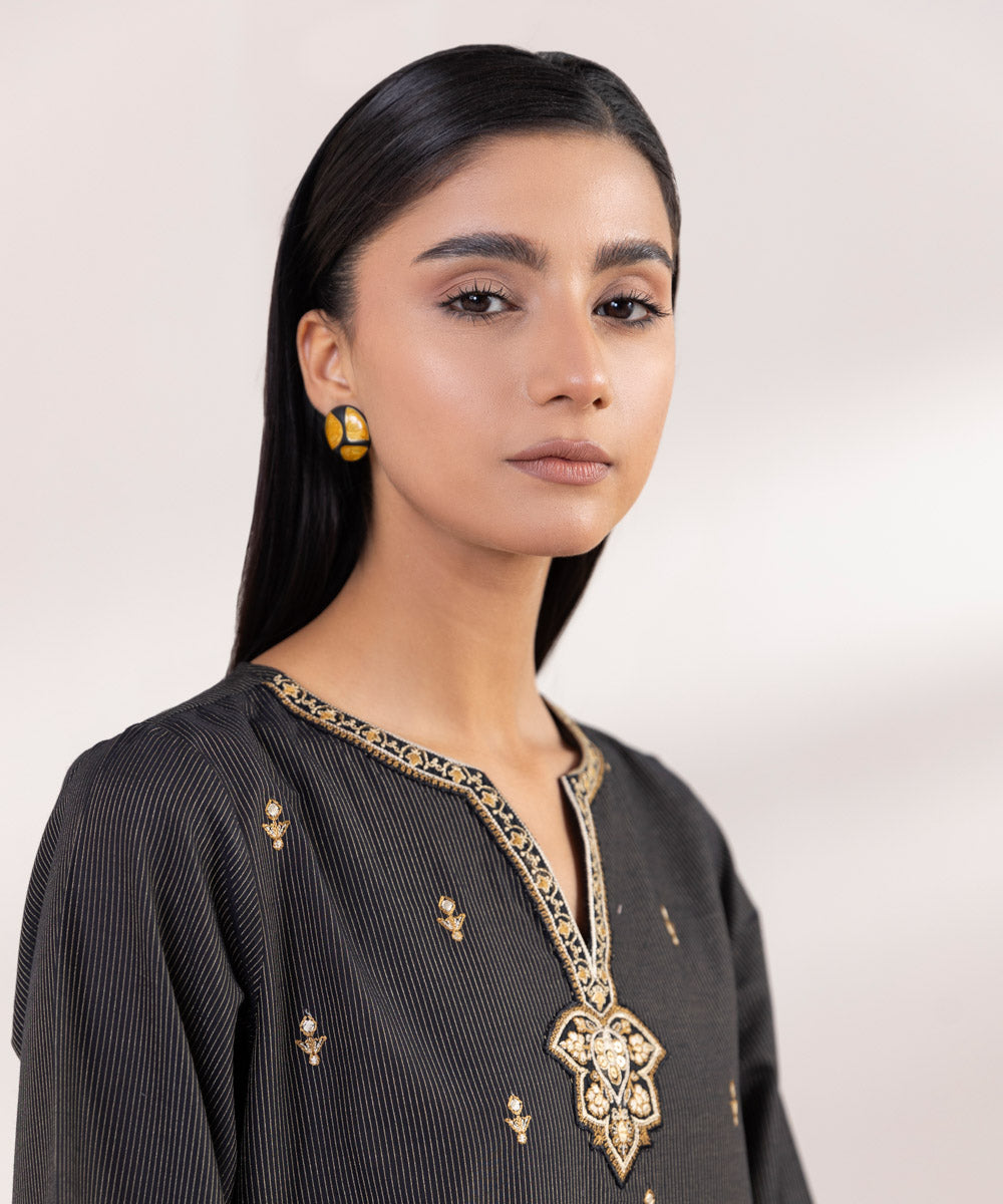 Women's Pret Zari Lawn Embroidered Black A-Line Shirt