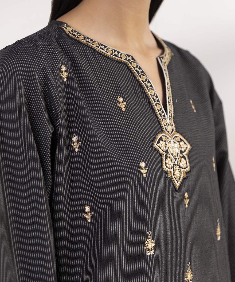 Women's Pret Zari Lawn Embroidered Black A-Line Shirt