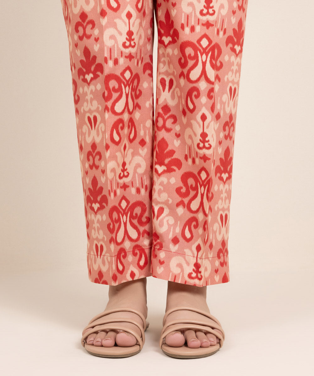 Women's Pret Cotton Viscose Printed Red Straight Pants