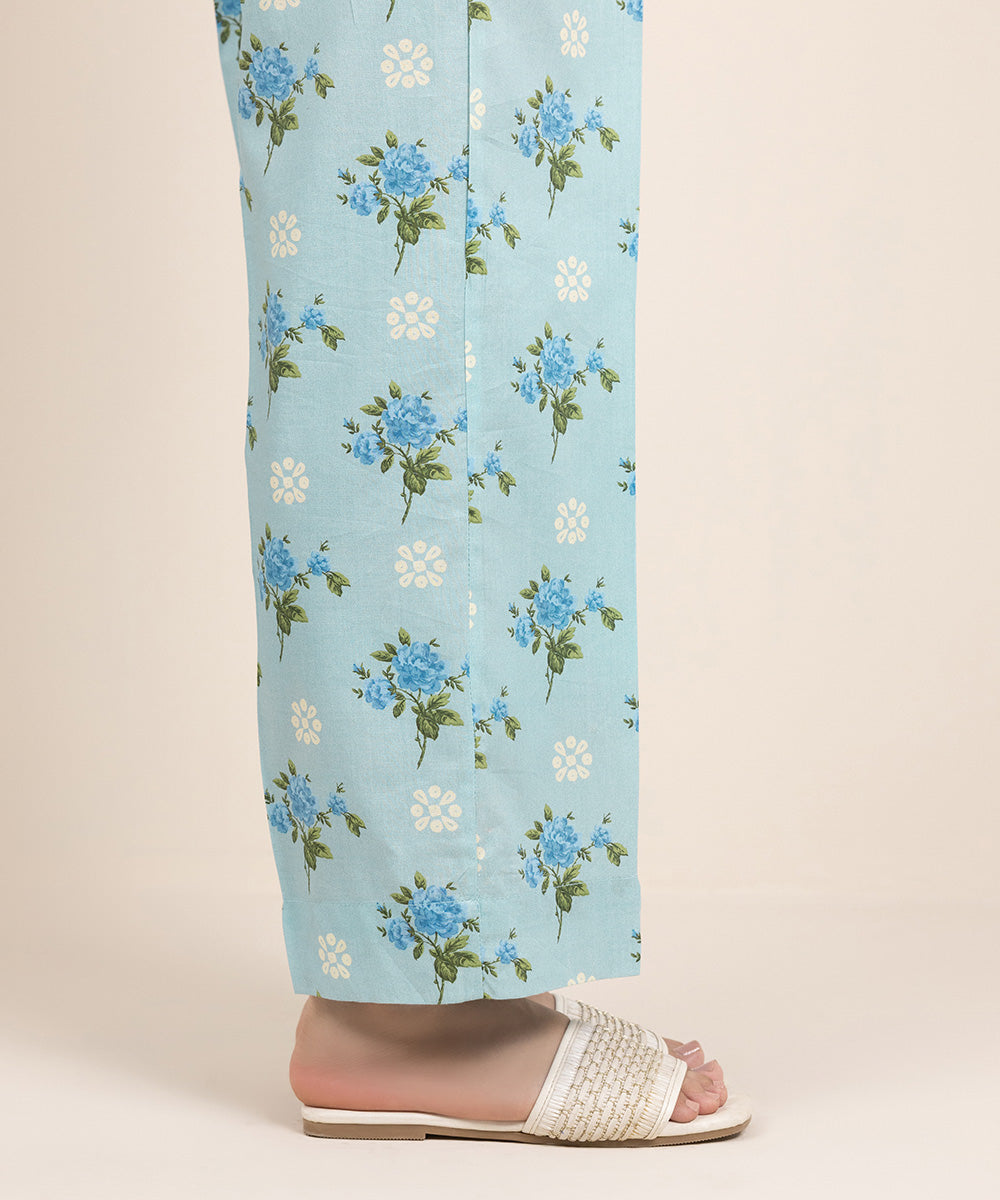 Women's Pret Cotton Viscose Printed Blue Straight Pants