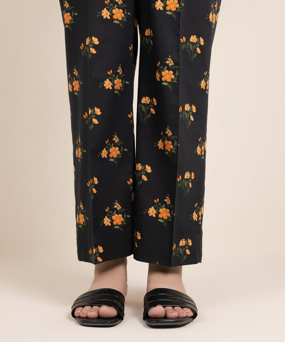 Women's Pret Cotton Viscose Printed Black Straight Pants