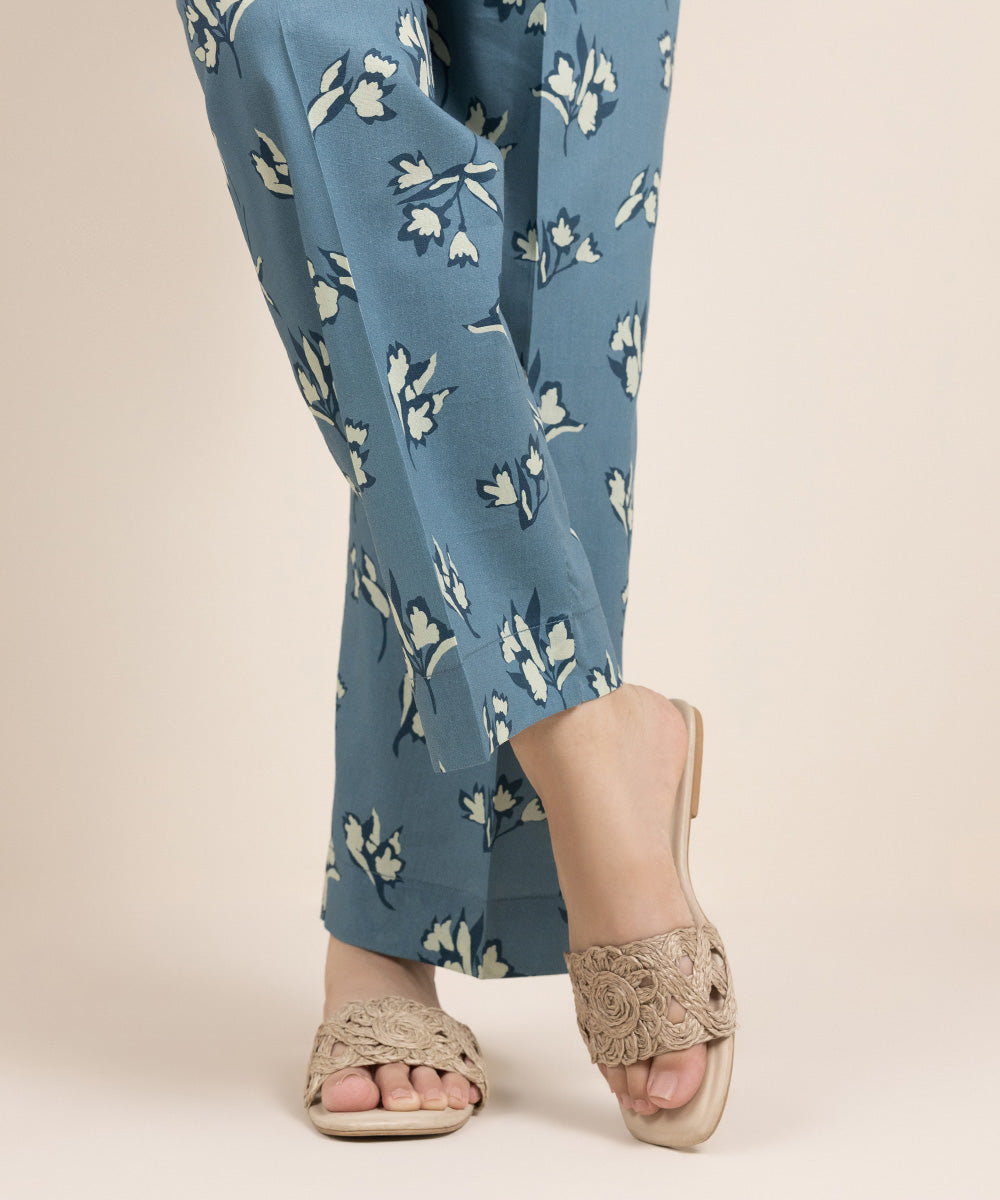 Women's Pret Cotton Viscose Printed Blue Straight Pants