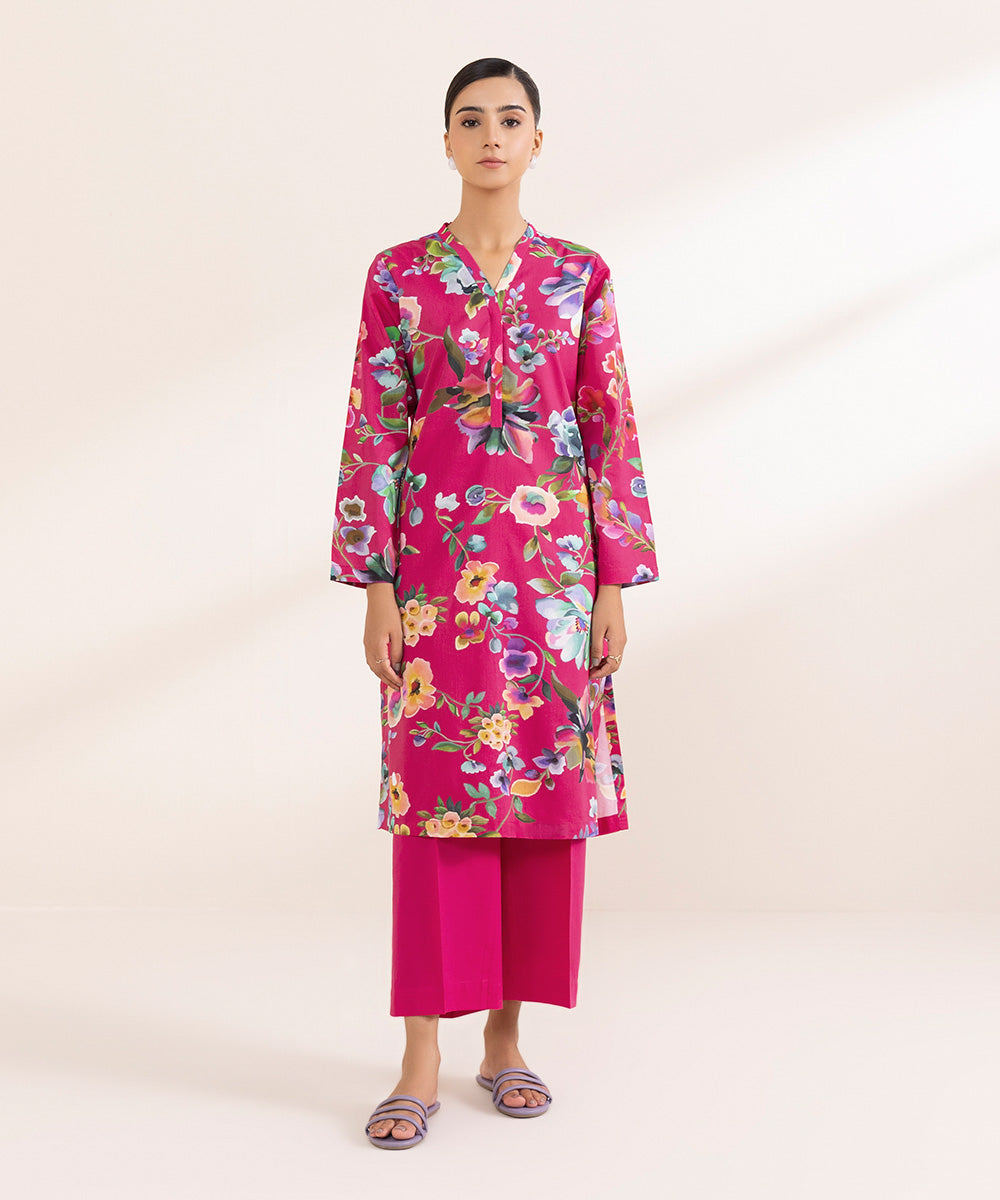 Women's Pret Cotton Viscose Printed Pink A-Line Shirt