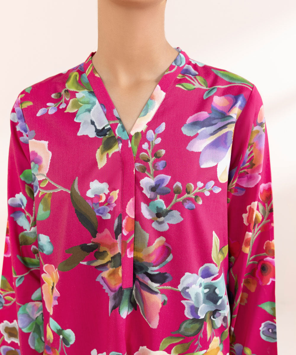 Women's Pret Cotton Viscose Printed Pink A-Line Shirt