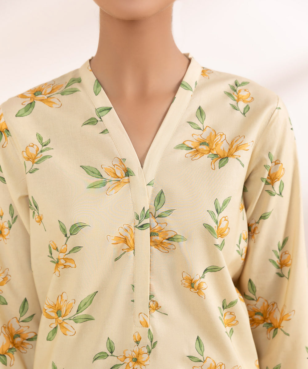 Women's Pret Cotton Viscose Printed Yellow Straight Shirt