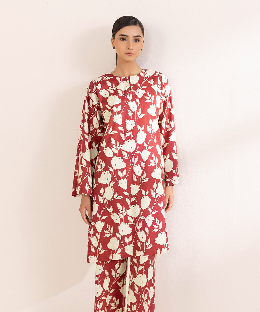 Women's Pret Cotton Viscose Printed Red Boxy Shirt