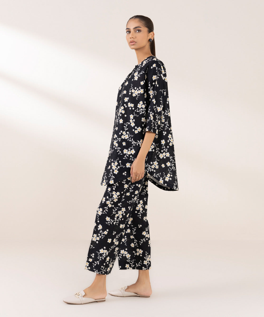 Women's Pret Khaddar Printed Black Drop Shoulder Shirt