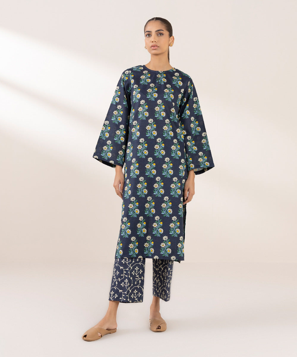 Women's Pret Khaddar Printed Blue A-Line Shirt