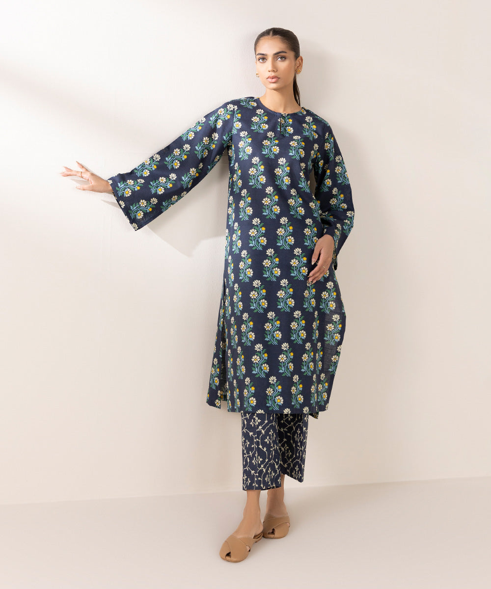 Women's Pret Khaddar Printed Blue A-Line Shirt