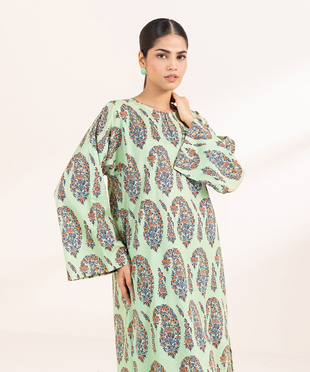 Women's Pret Cotton Viscose Printed Green Boxy Shirt