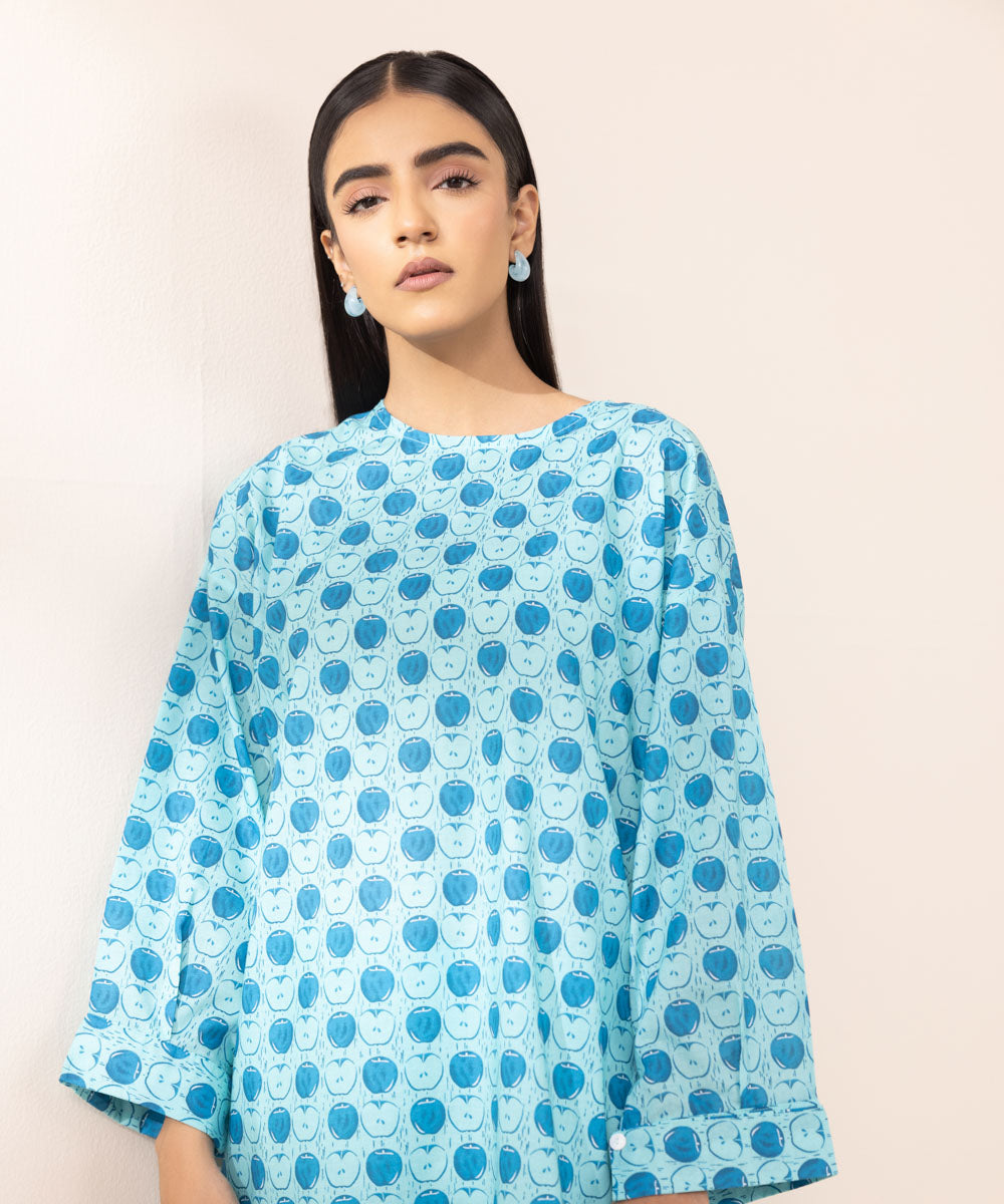 Women's Pret Lawn Printed Blue Drop Shoulder Shirt