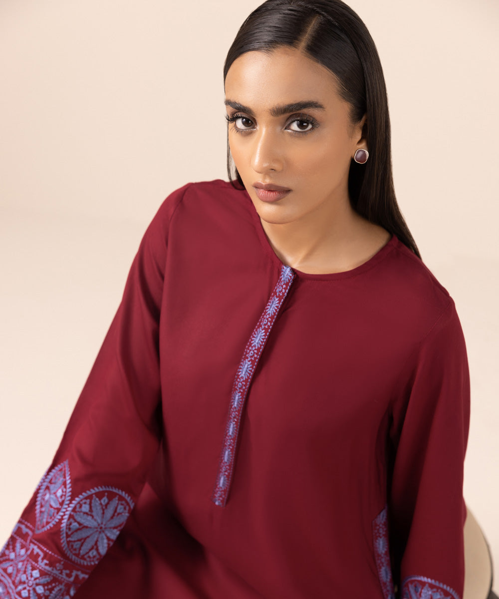 Women's Pret Bedford Red Embroidered Straight Shirt