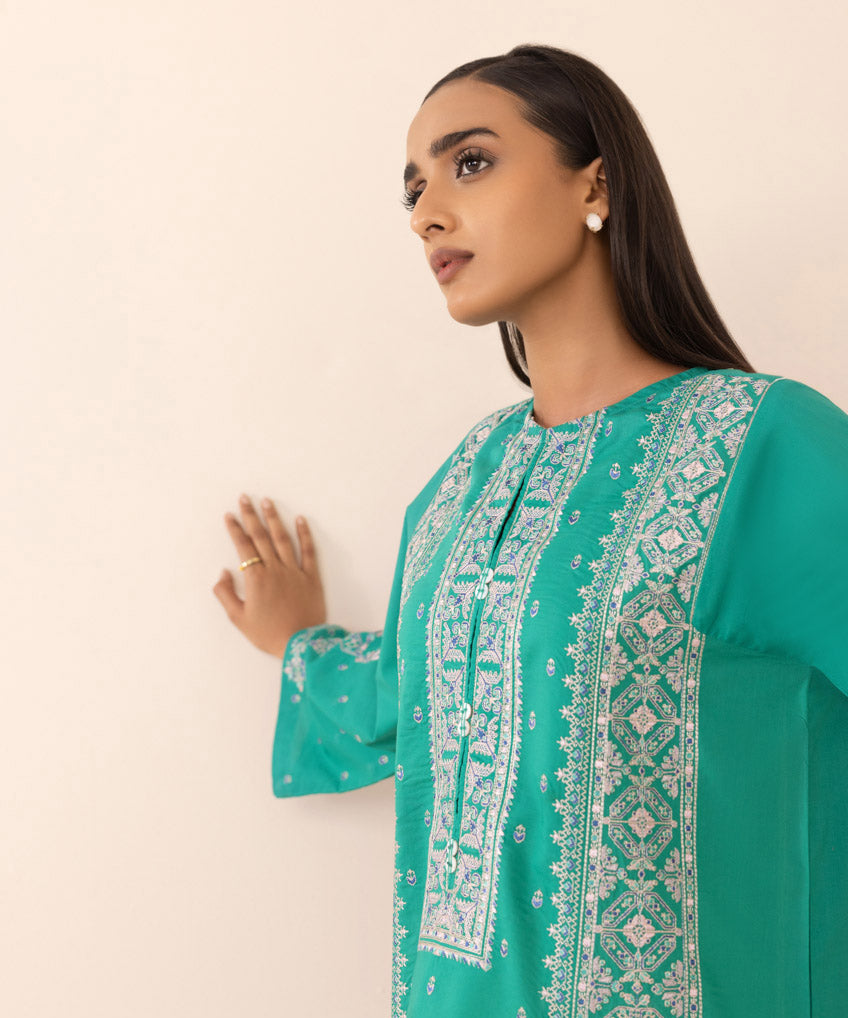 Women's Pret Cambric Green Embroidered A-Line Shirt