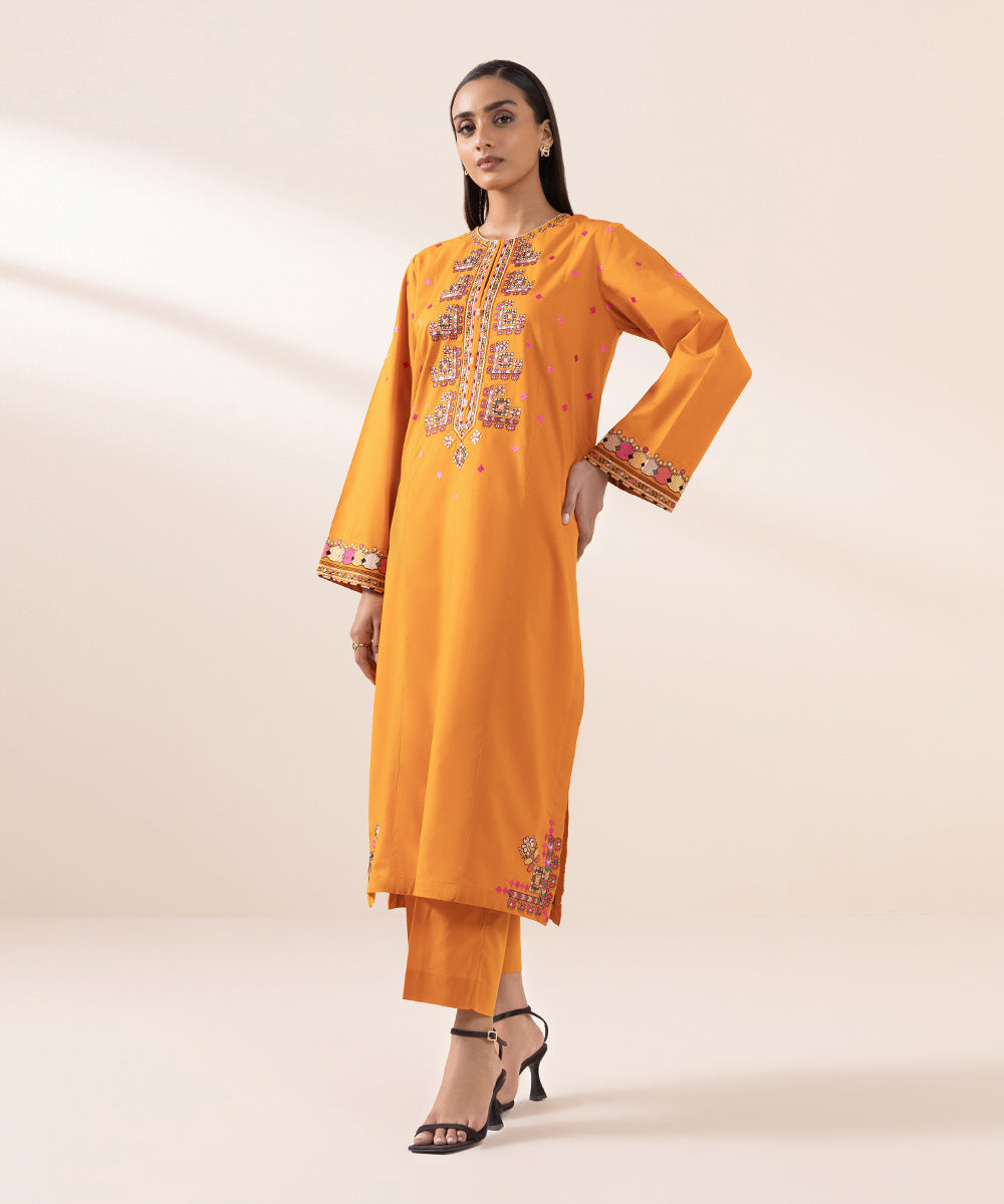 Women's Pret Cambric Orange Embroidered A-Line Shirt