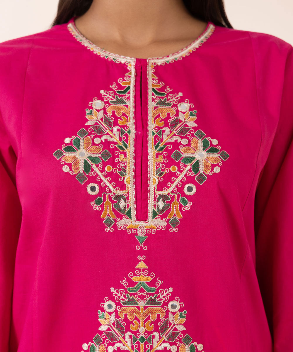 Women's Pret Cambric Pink Embroidered A-Line Shirt