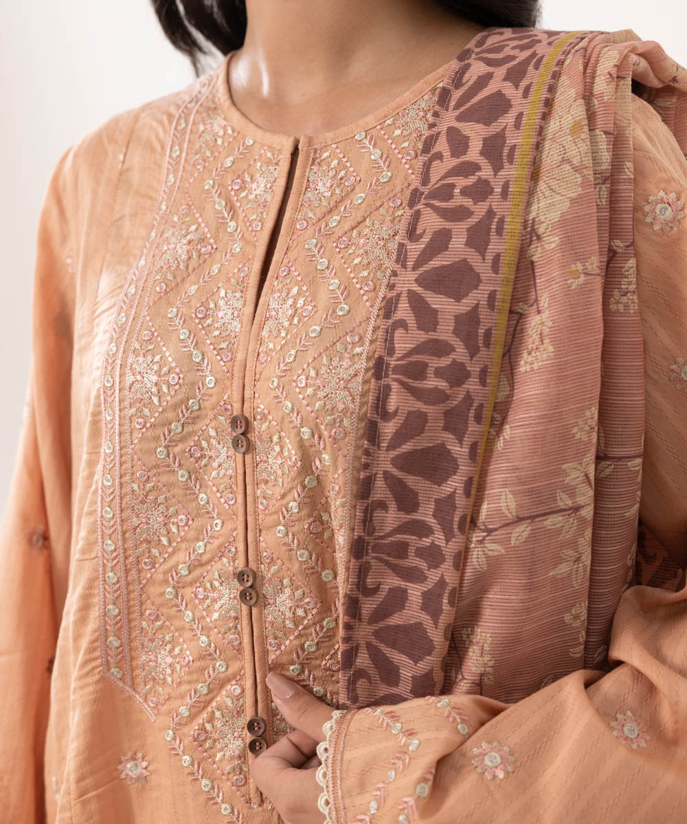 Women's Intermix Pret Textured Cotton Embroidered Beige 3 Piece Suit