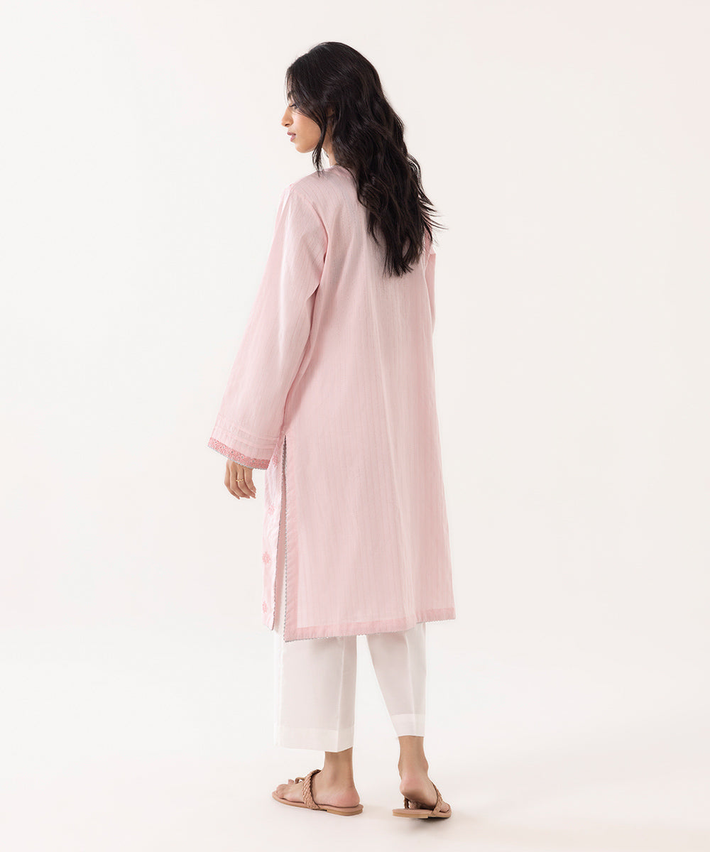 Women's Intermix Pret Textured Cotton Solid Embroidered Pink Shirt