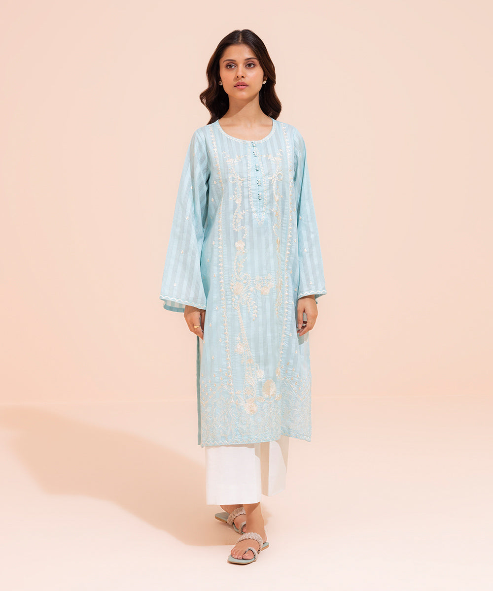 Women's Summer Pret Textured Cotton Solid Embroidered Sky Blue Boxy Shirt