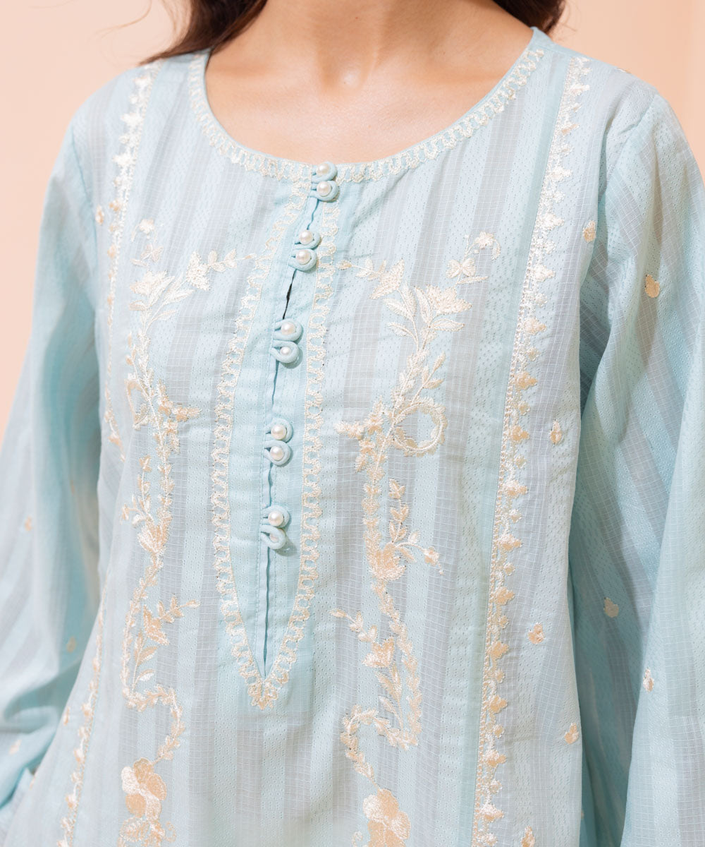Women's Summer Pret Textured Cotton Solid Embroidered Sky Blue Boxy Shirt
