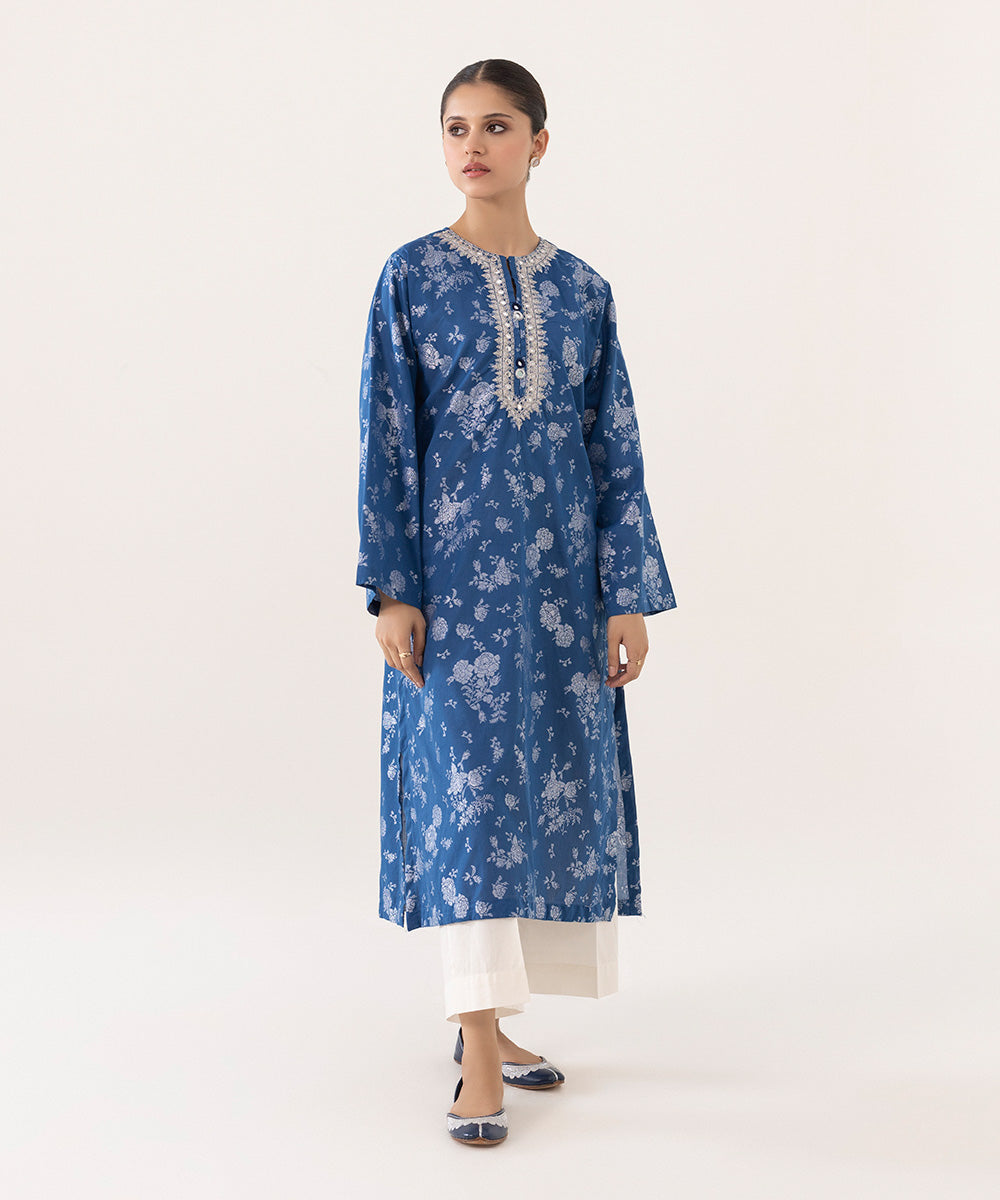 Women's Intermix Pret Jacquard Solid Embroidered Blue Shirt