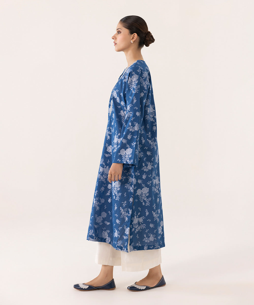 Women's Intermix Pret Jacquard Solid Embroidered Blue Shirt