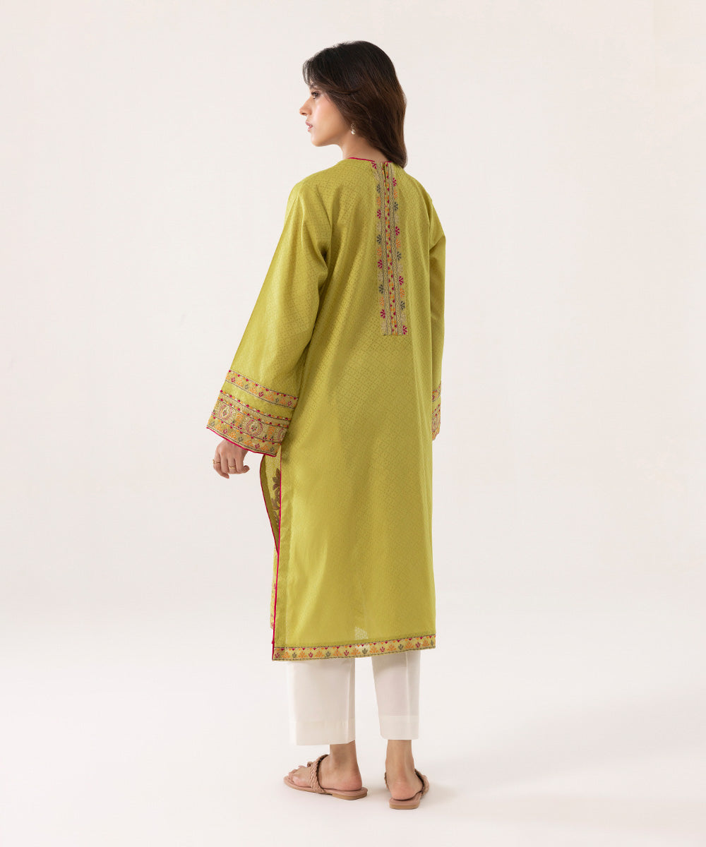 Women's Intermix Pret Textured Cotton Solid Embroidered Green Shirt